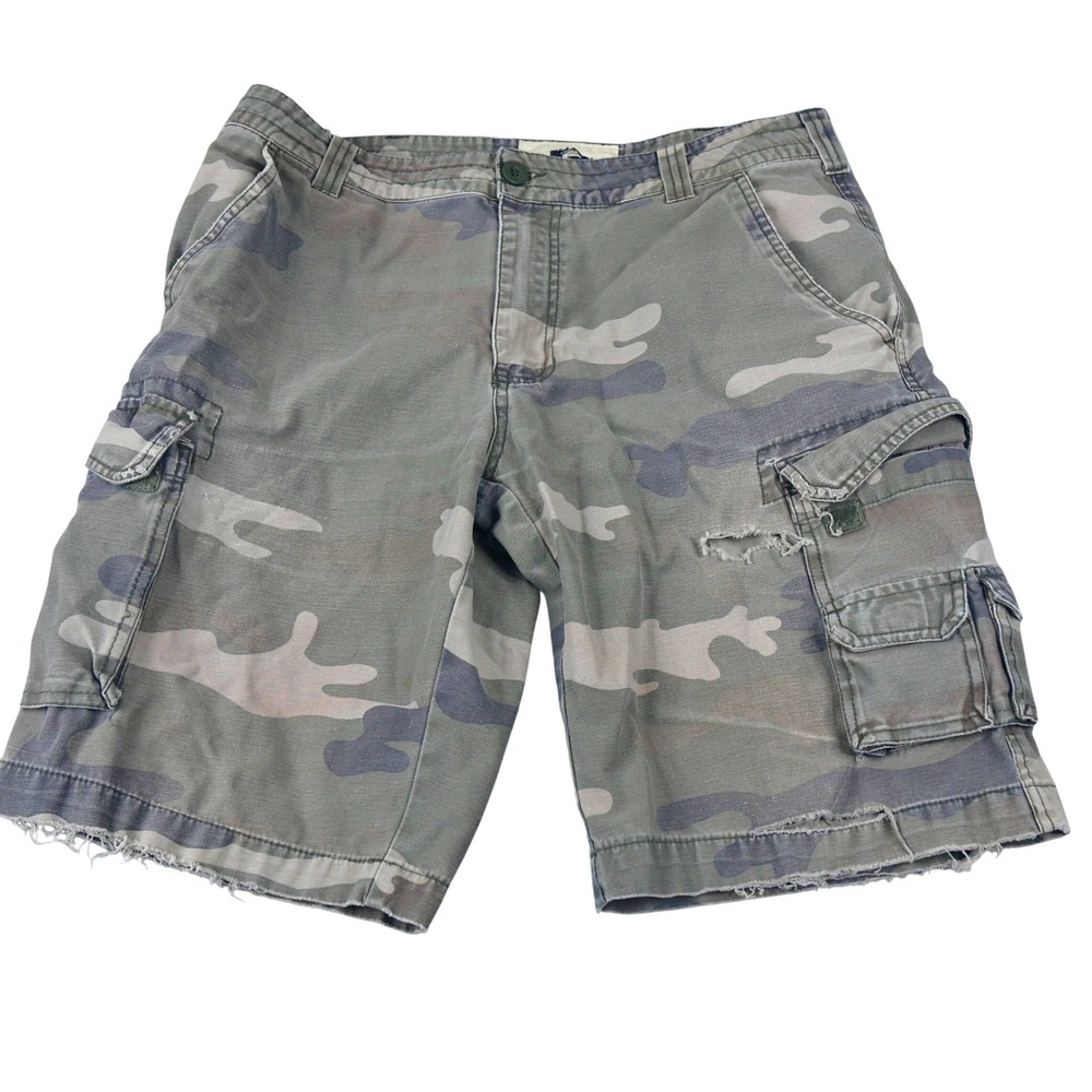 Old Mill Mens Camo Cargo Shorts Size 34 Green Camouflage Distressed Cotton